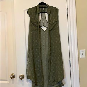 Free People Printed Button Down Long Vest Sz SM